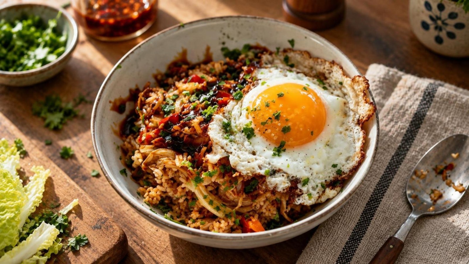 Aštrus nasi goreng su kiniškuoju kopūstu ir kepta kiaušinine