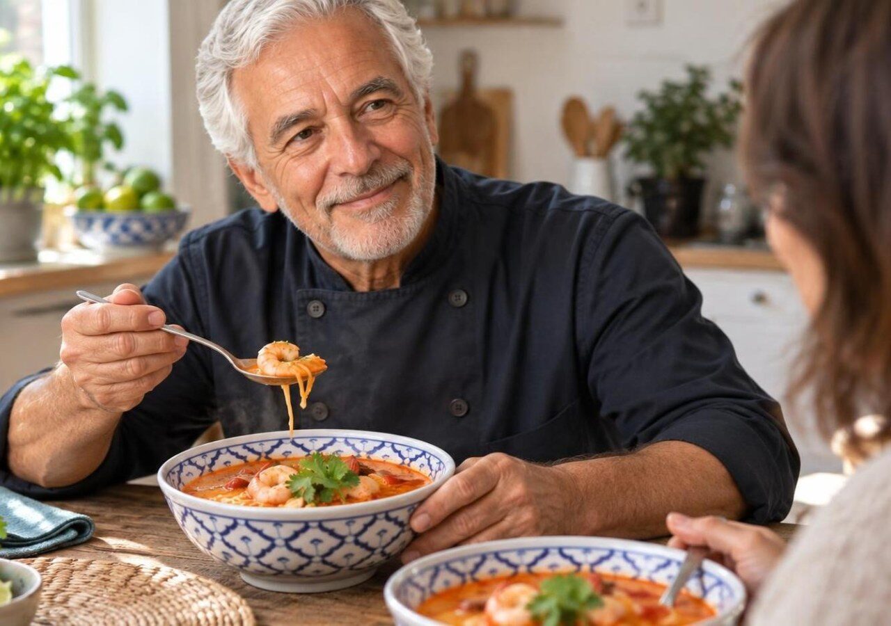 Mikrobangų krosnelėje paruošta krevečių laksa sriuba su makaronais