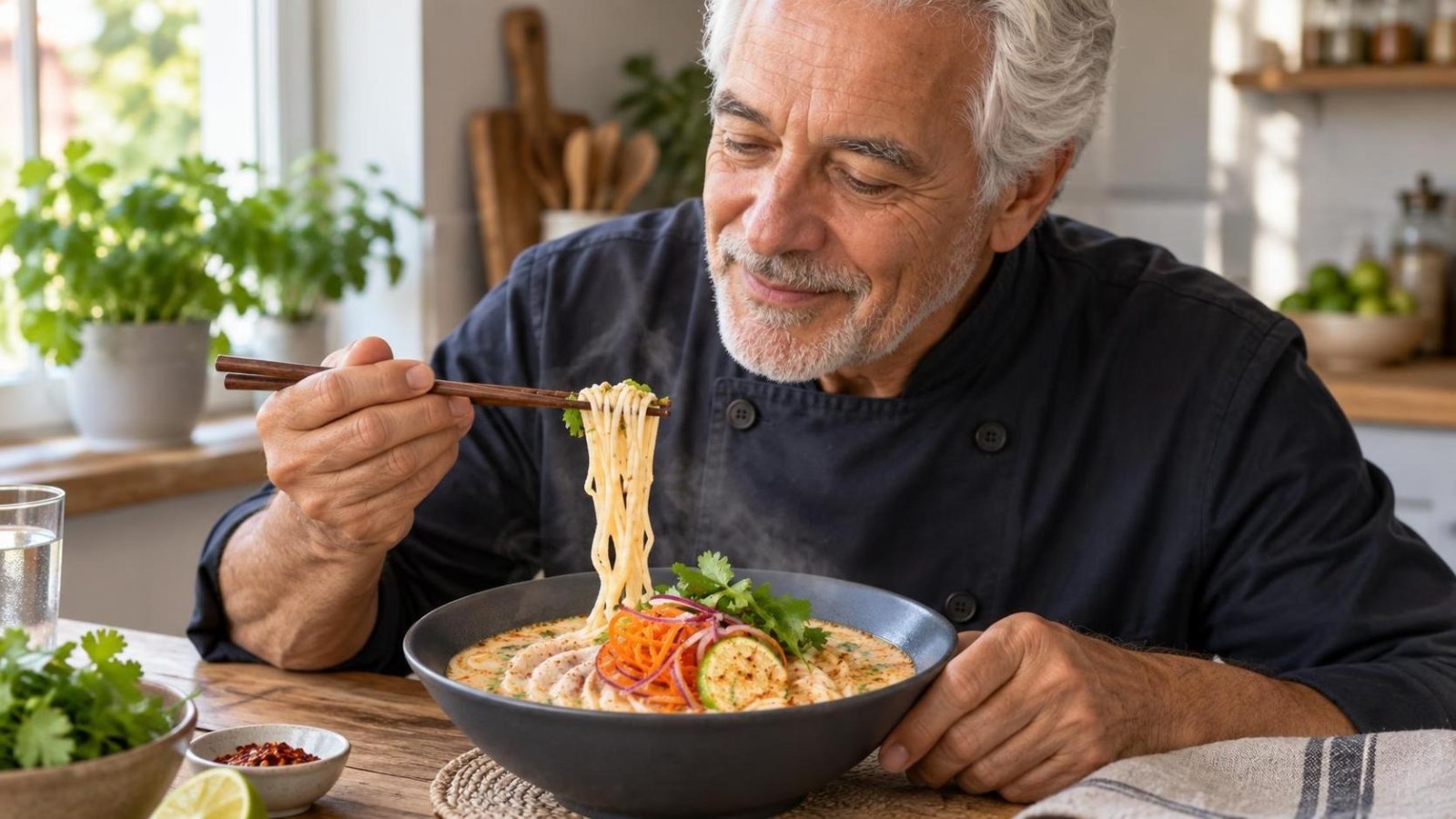 Mikrobangų krosnelėje paruošta krevečių laksa sriuba su makaronais