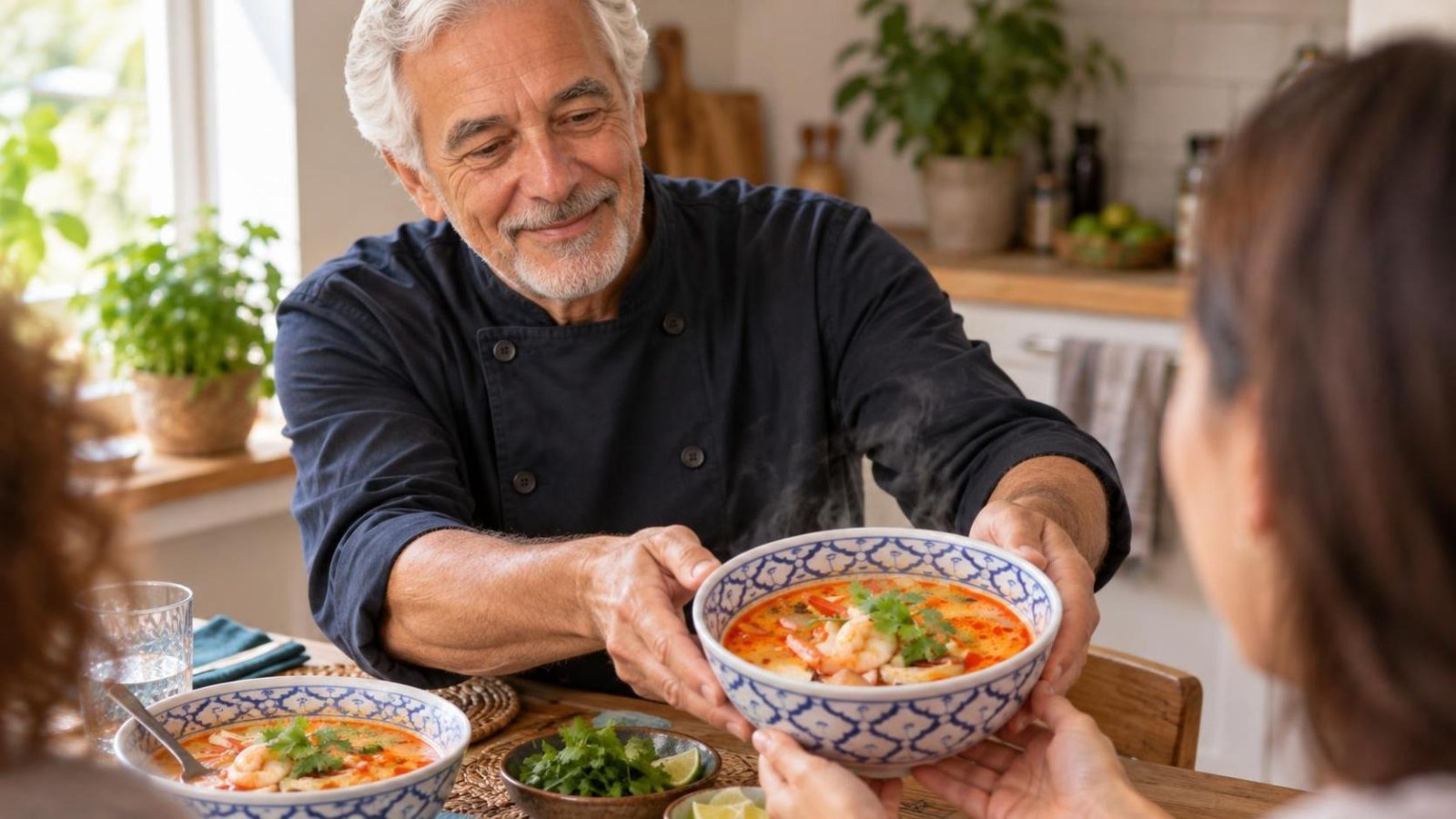 Mikrobangų krosnelėje paruošta krevečių laksa sriuba su makaronais