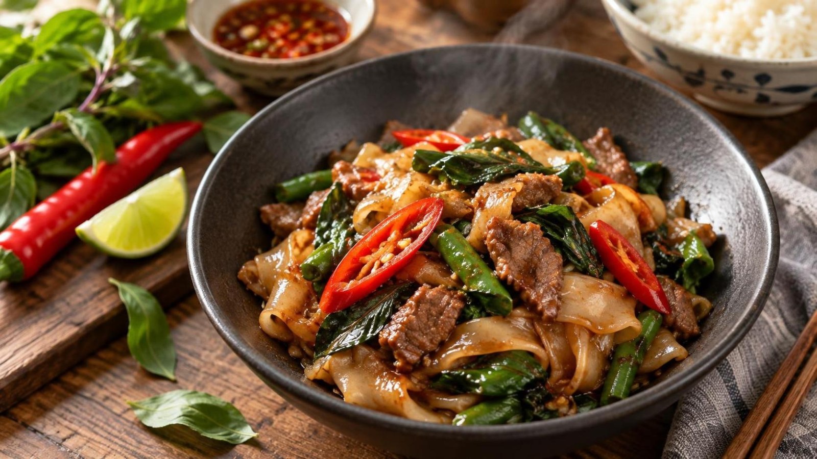 Pad kee mao: aštrūs ryžių makaronai su jautiena ir tailandietiška bazilika