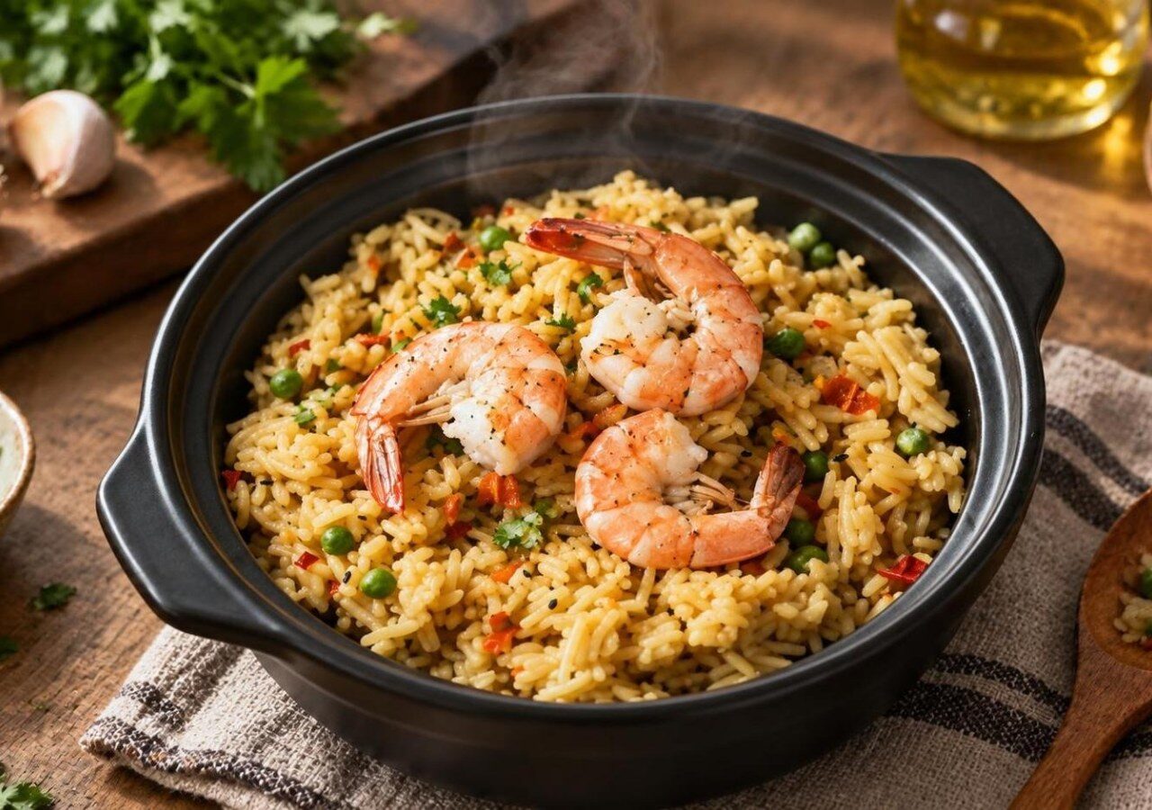 Ryžiai su česnakais ir krevetėmis