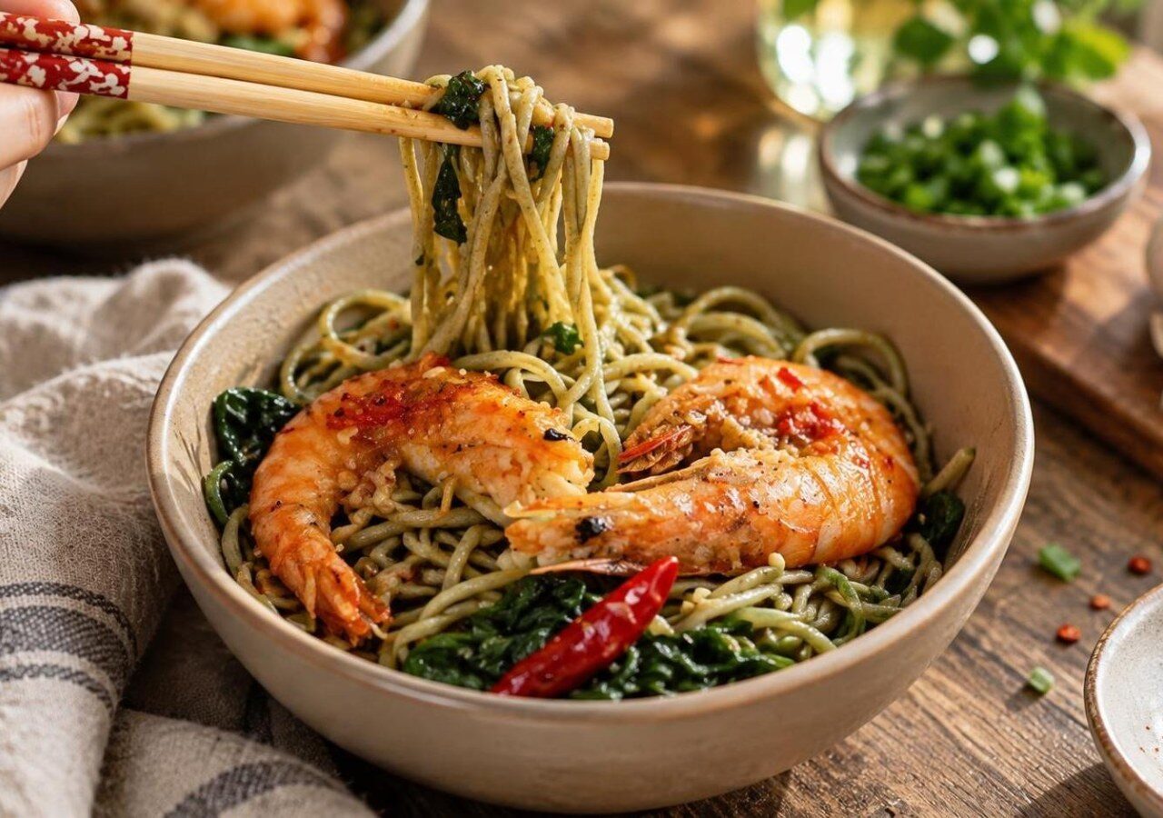Soba makaronai su vasabio ir česnako krevetėmis