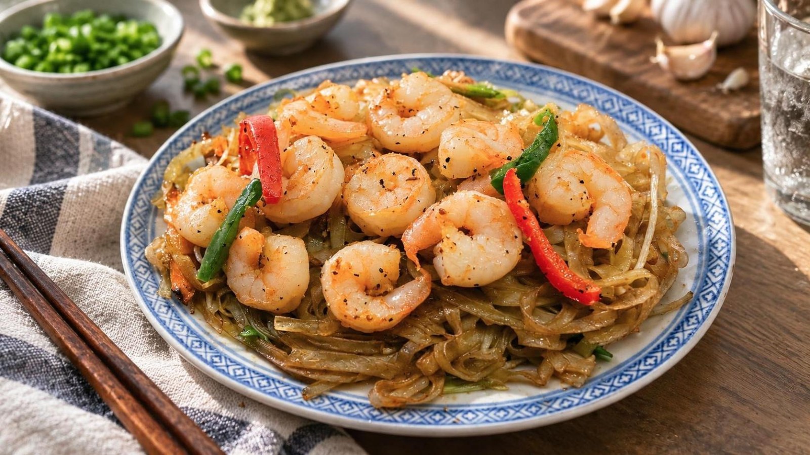 Soba makaronai su vasabio ir česnako krevetėmis