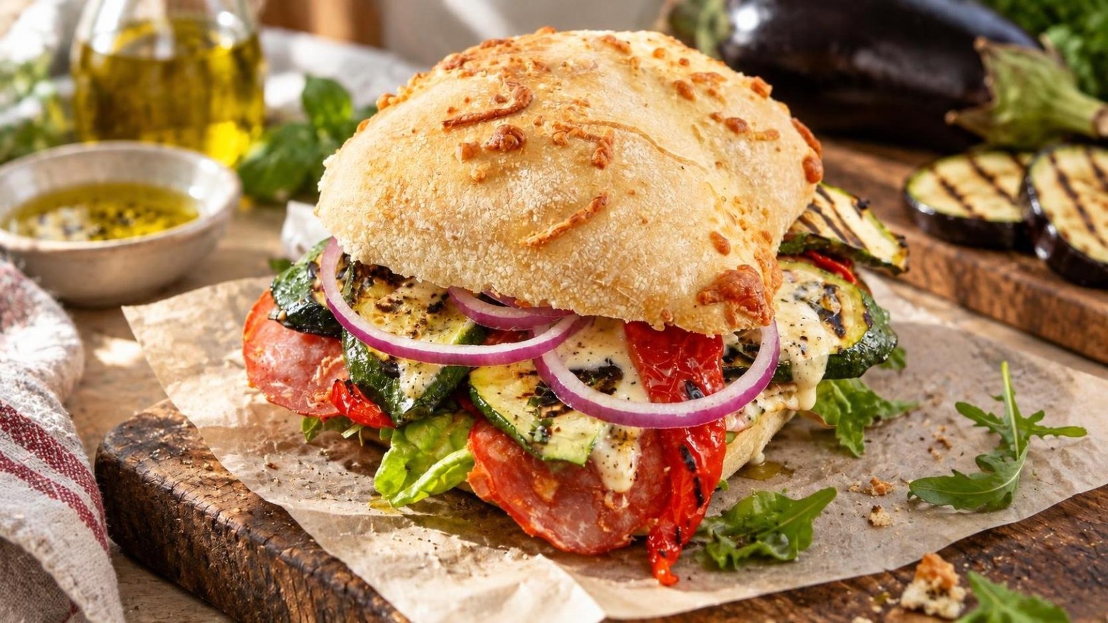 Sumuštinis su salami, provolone sūrio padažu ir grilyje keptais baklažanais