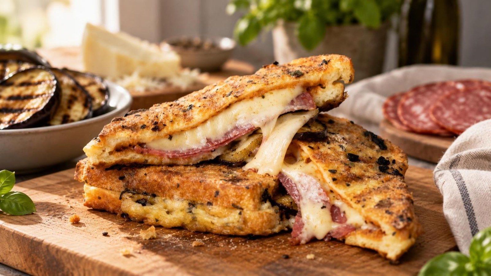 Sumuštinis su salami, provolone sūrio padažu ir grilyje keptais baklažanais
