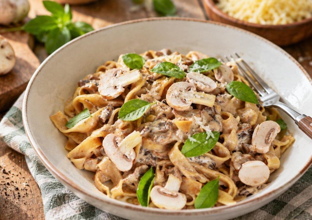 Tagliatelės su dešrelių ir grybų stroganovo padažu
