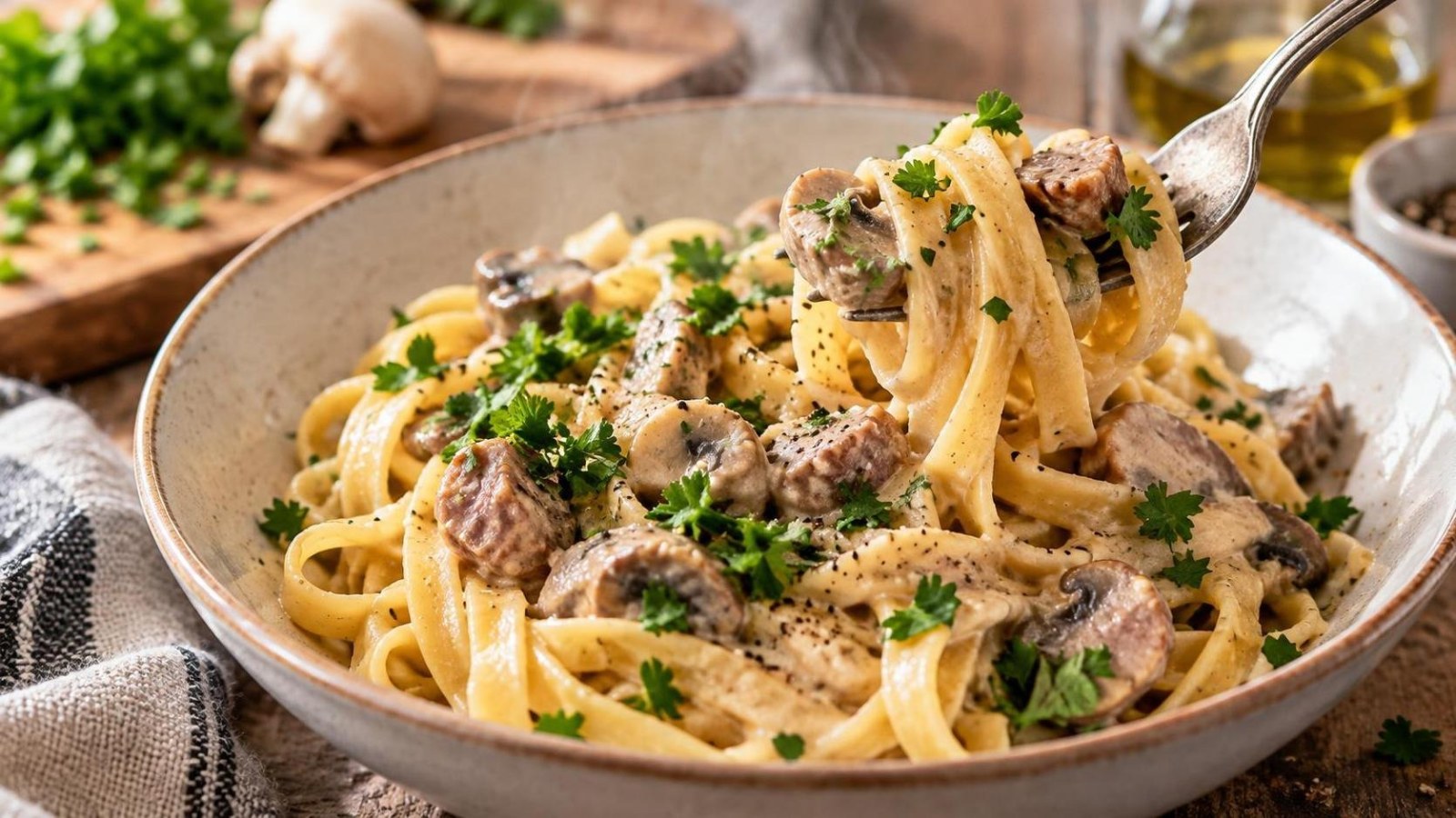 Tagliatelės su dešrelių ir grybų stroganovo padažu