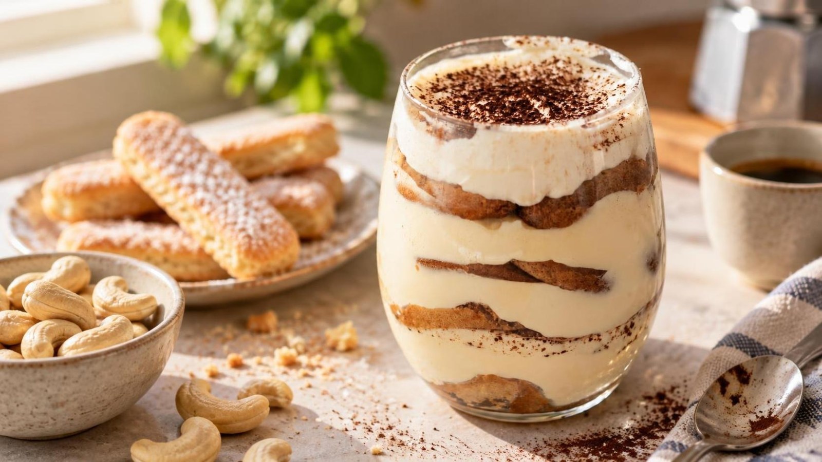 Veganiškas anakardžių tiramisu su naminiais biskvitiniais pirštukais